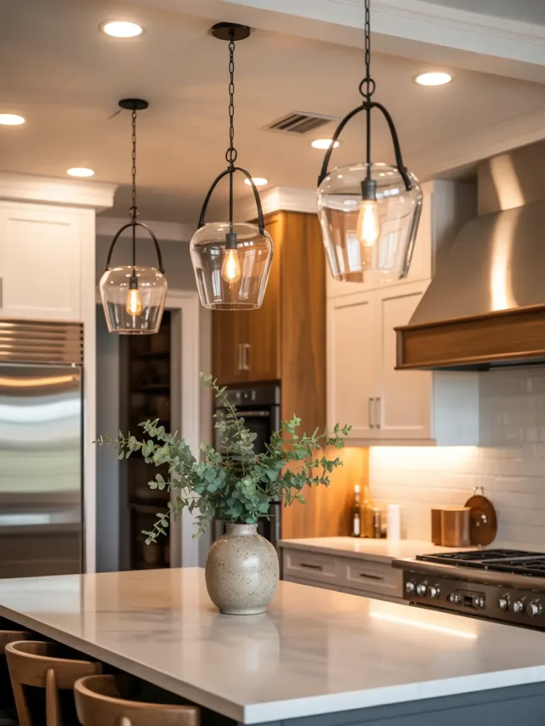 Kitchen island with modern pendant lighting and a vase centerpiece.