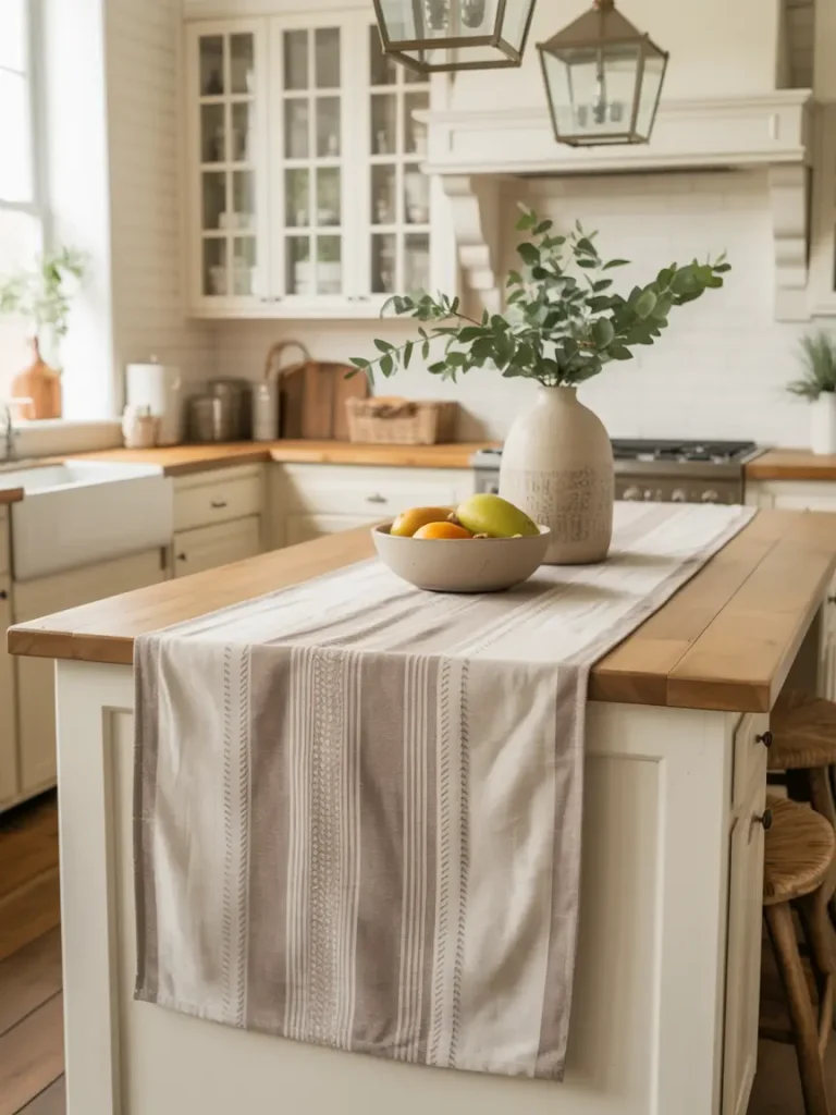 Farmhouse kitchen island styled with a striped linen runner, ceramic vase with greenery, and fruit bowl.