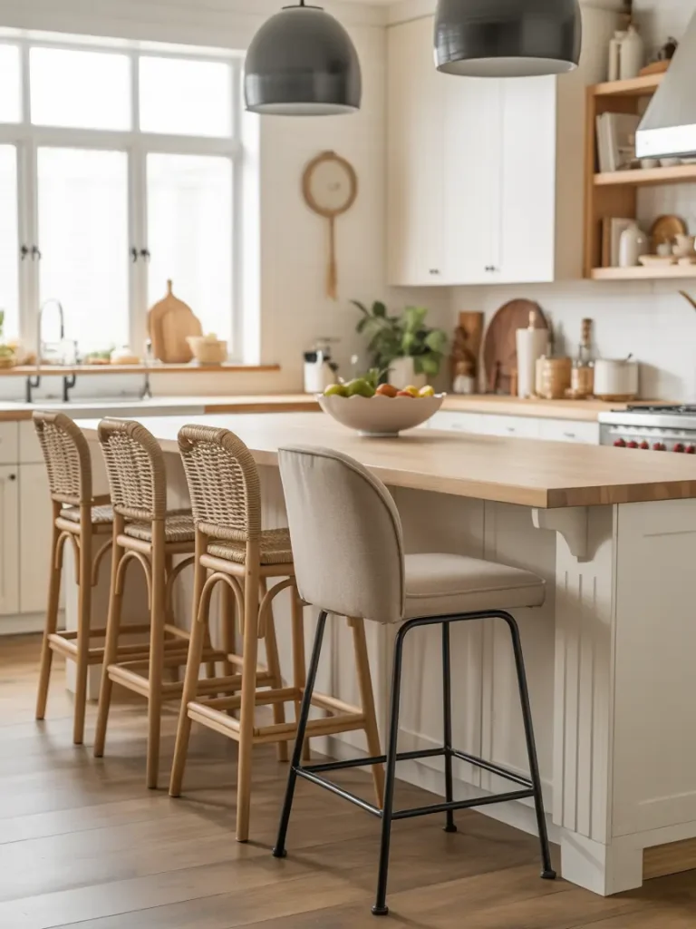 Kitchen island with mixed seating featuring woven bar stools and a modern upholstered stool.