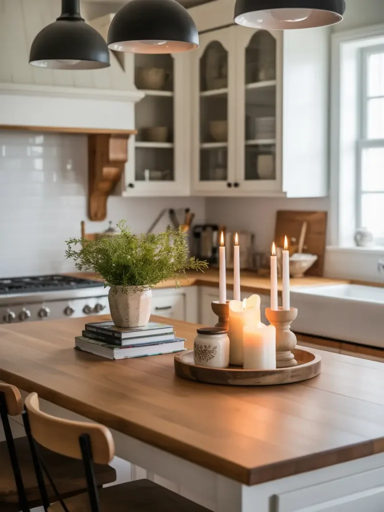 Kitchen island decorated with candles, books, and a potted plant for cozy tabletop styling.