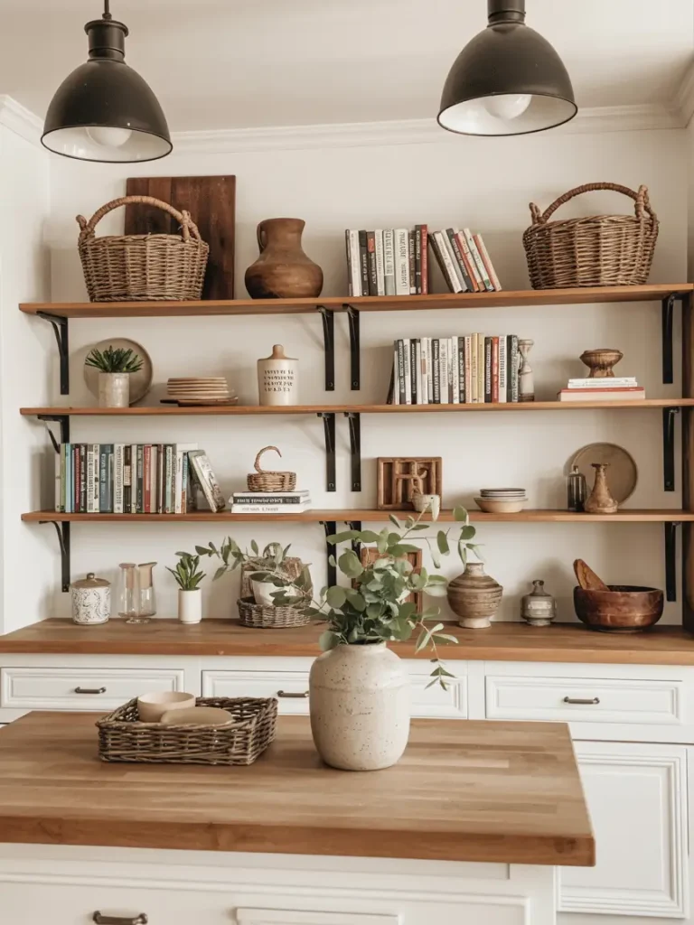 Farmhouse kitchen island with open shelving, wicker baskets, books, and rustic decorative accents.