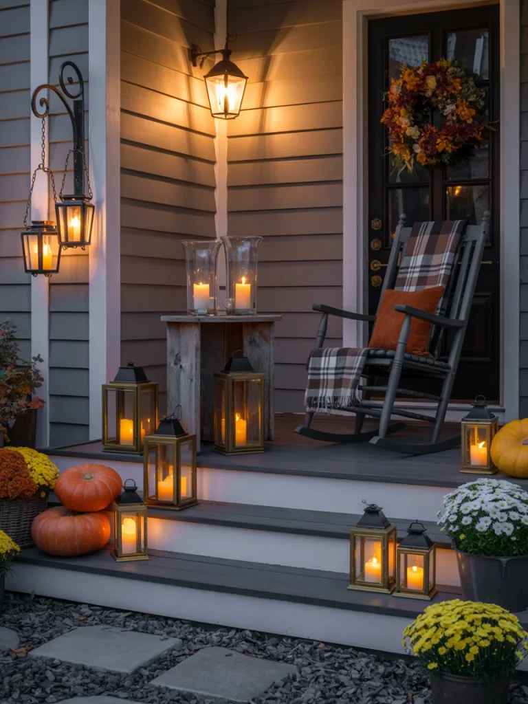 Front porch decorated for autumn with glowing lanterns, pumpkins, mums, and a rocking chair draped with a plaid blanket under warm candlelight.