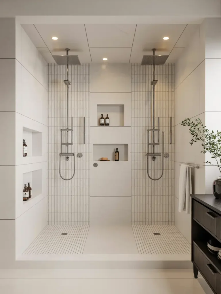 Large walk-in double shower with dual rainfall showerheads, built-in shelving, and sleek white tile design.