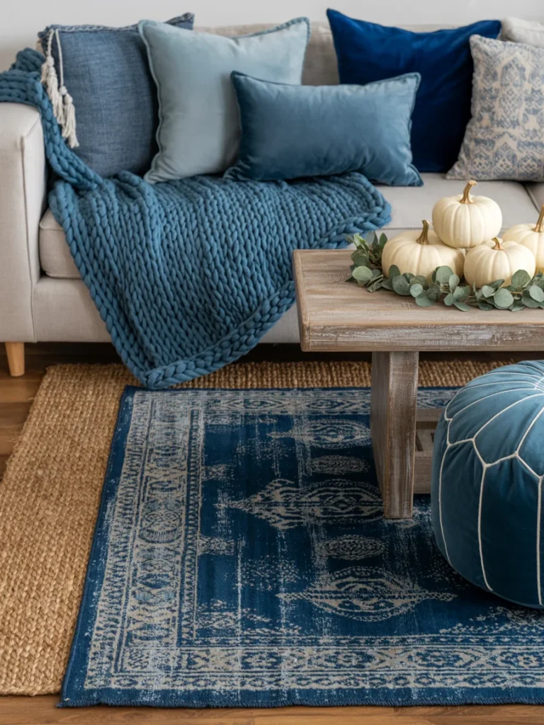 Cozy living room with layered blue rugs, textured throw blankets, velvet pillows, and white pumpkins on a rustic coffee table.