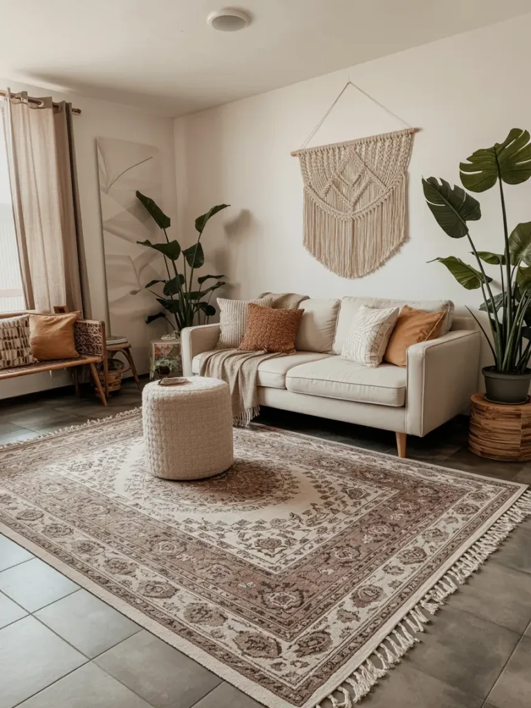 Boho-style living room with a layered carpet, featuring a vintage patterned rug on tile flooring, neutral sofa, plants, and woven decor accents.