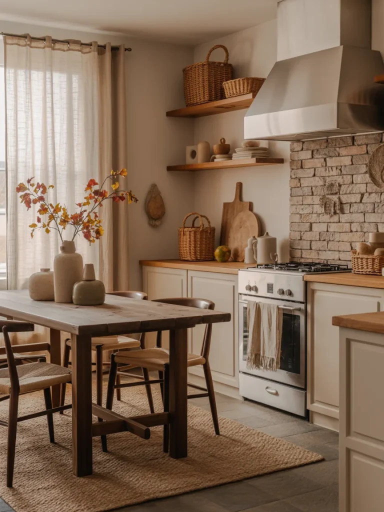 Warm fall kitchen with layered textures, rustic wood table, woven baskets, and neutral autumn decor.