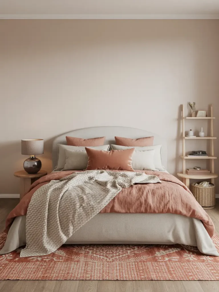 Cozy earthy bedroom with layered textiles, soft bedding, patterned rug, and neutral tones.