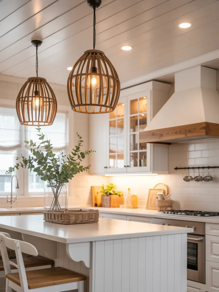 White modern farmhouse kitchen with wooden pendant lights and cozy ambient lighting.