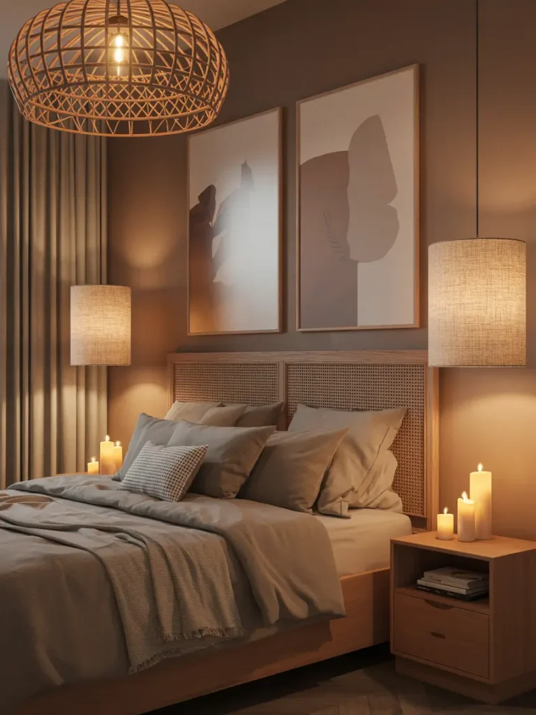 Earthy bedroom with warm lighting, rattan pendant lamp, and candles on bedside tables.