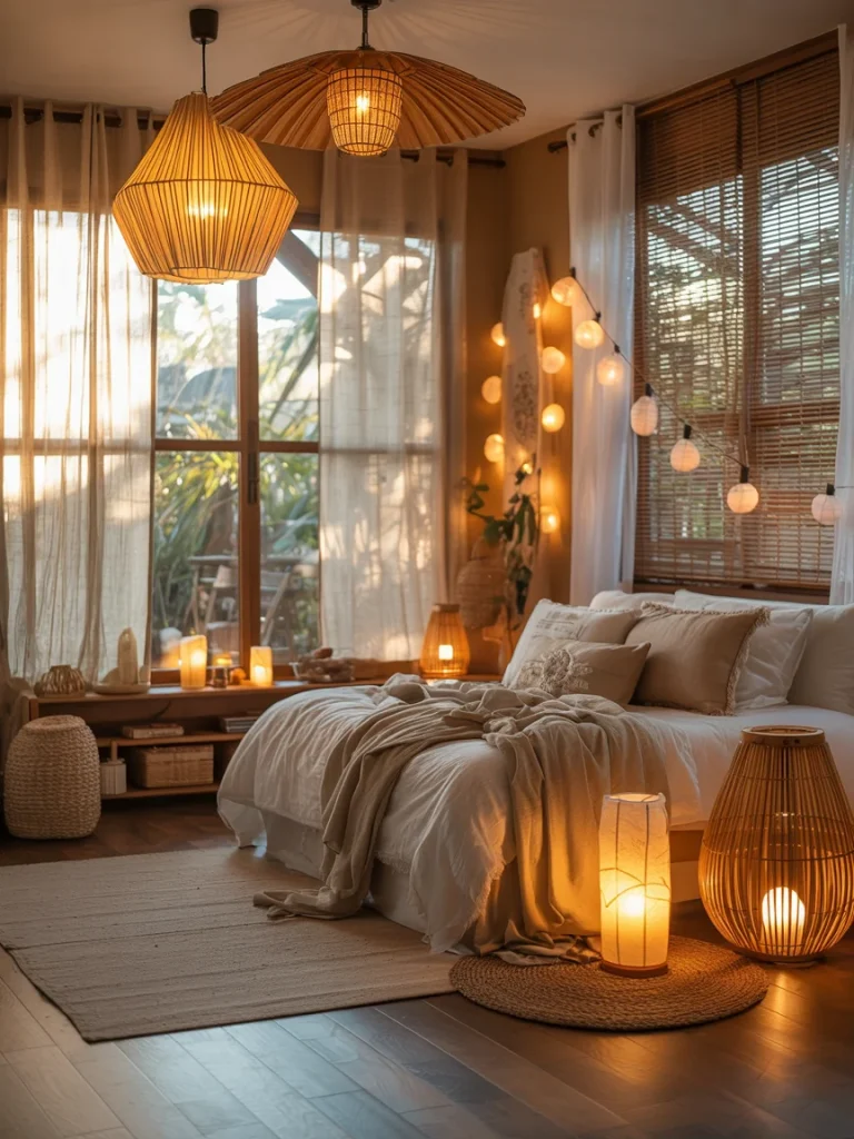 Warmly lit Japanese boho bedroom with rattan pendant lamps, paper lanterns, and soft ambient lighting creating a cozy, tranquil atmosphere.