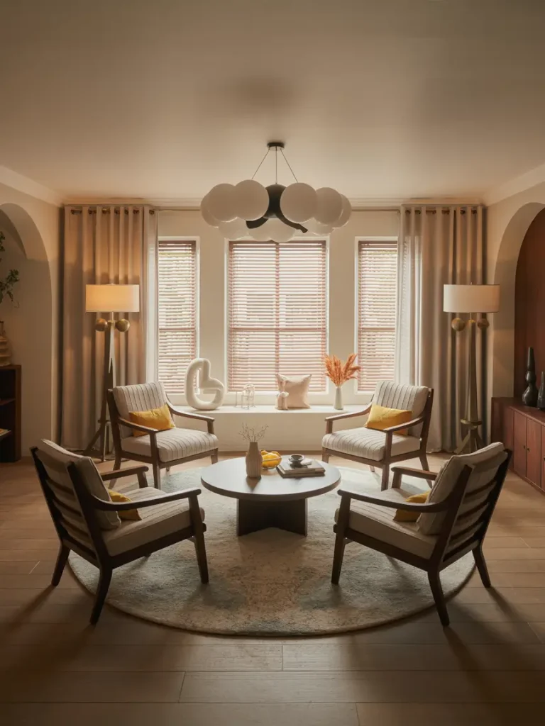 Cozy living room setup with four upholstered wooden chairs arranged in a circle around a round coffee table on a circular rug.