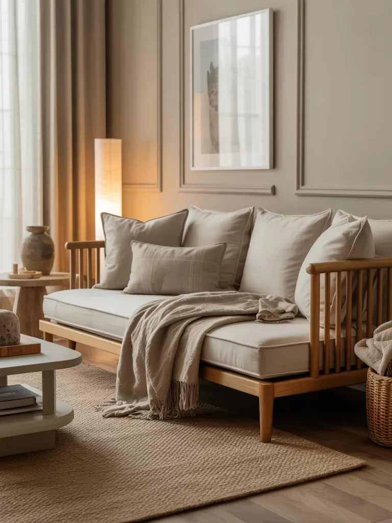 Wooden daybed with neutral cushions and a throw blanket in a cozy living room setting.