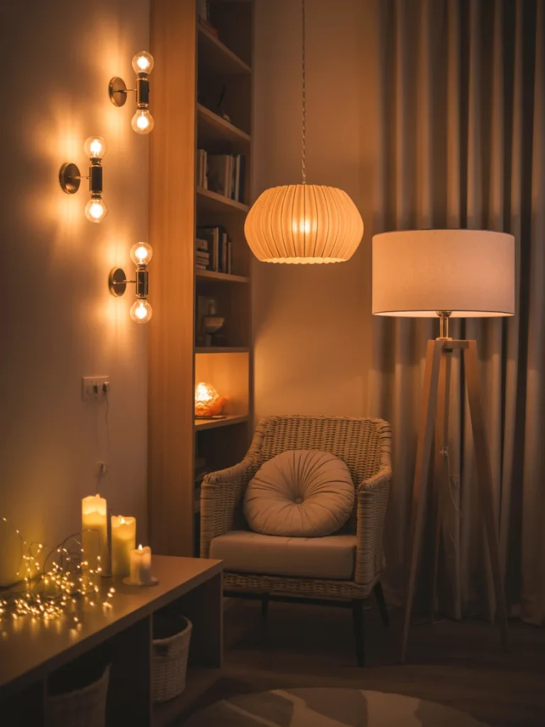 Cozy living room nook with layered lighting from wall sconces, floor lamp, pendant light, and candles.