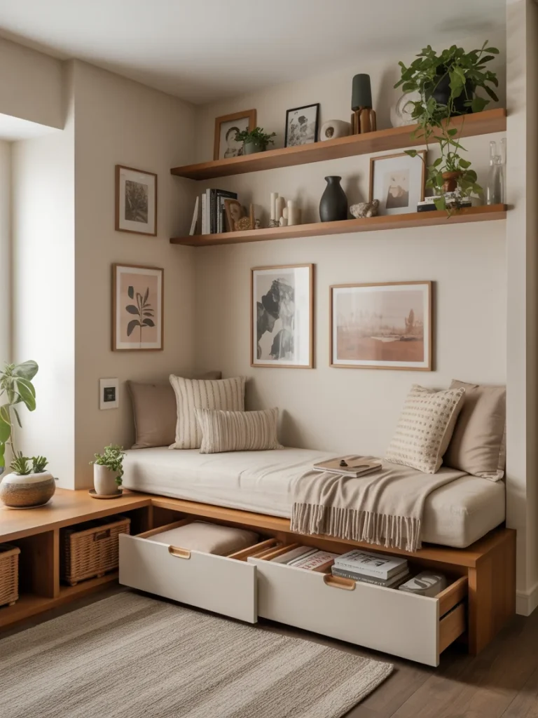 Living room nook with built-in storage drawers and floating shelves.