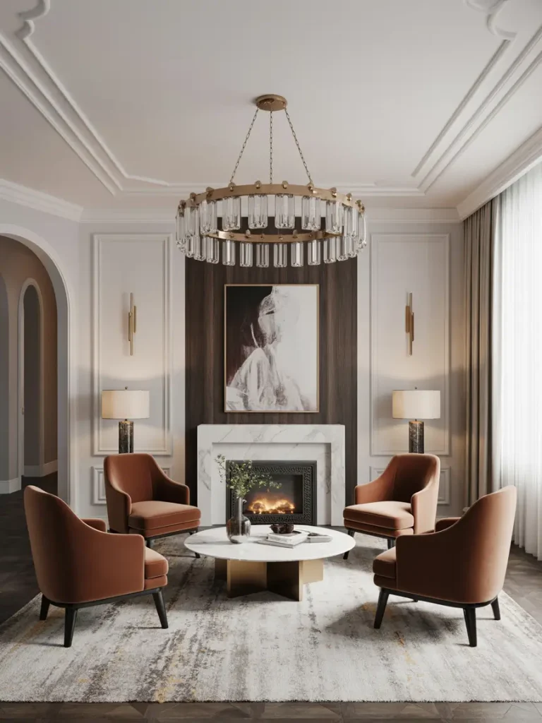 Luxury 4 chair sitting area with elegant armchairs around a marble coffee table in front of a fireplace.