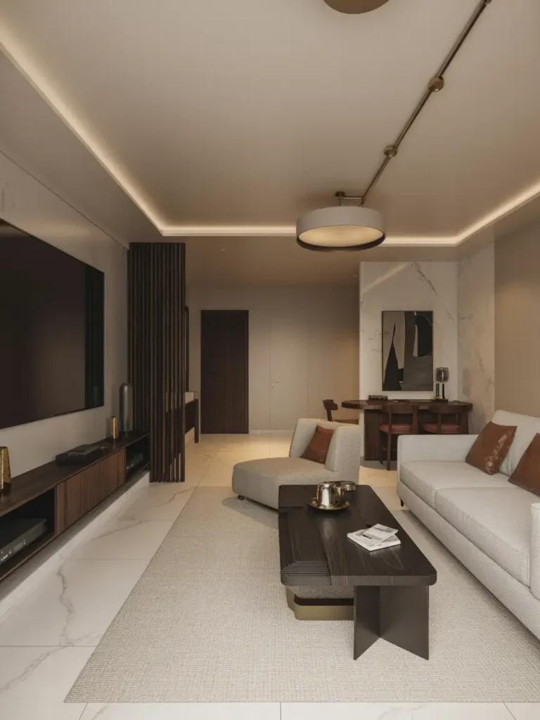 Luxury basement with modern furniture, sleek design, and warm lighting. A white sofa with brown cushions, low black coffee table, and marble-style flooring create an elegant lounge atmosphere.