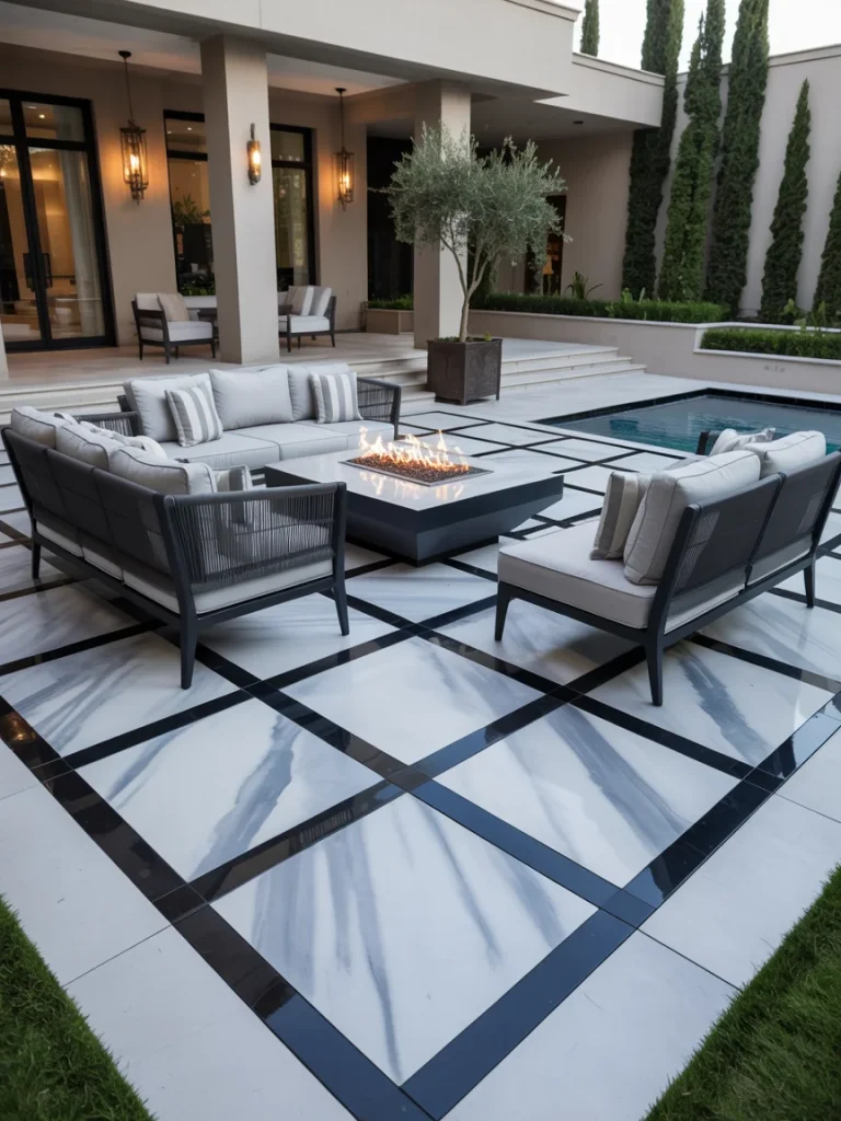 Luxury concrete patio with marble-inspired finish, modern seating, fire pit, and poolside view.