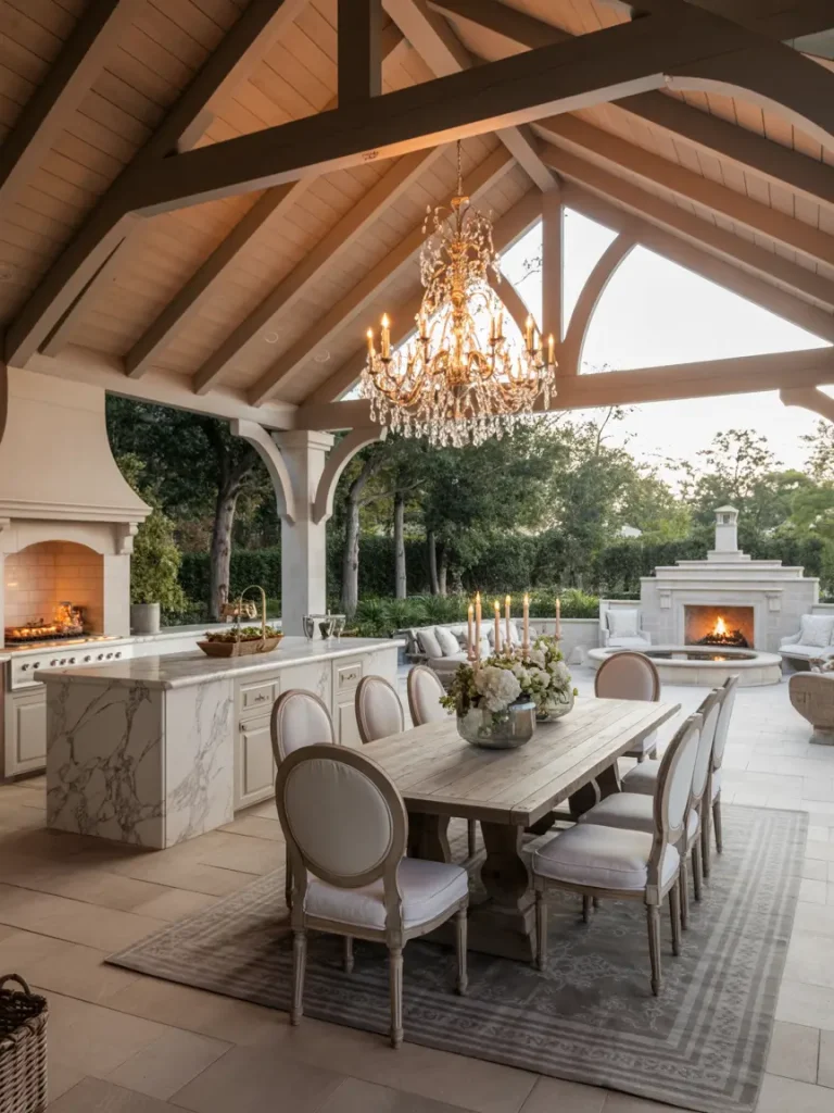 Luxury covered patio with chandelier, marble kitchen island, and elegant dining area.