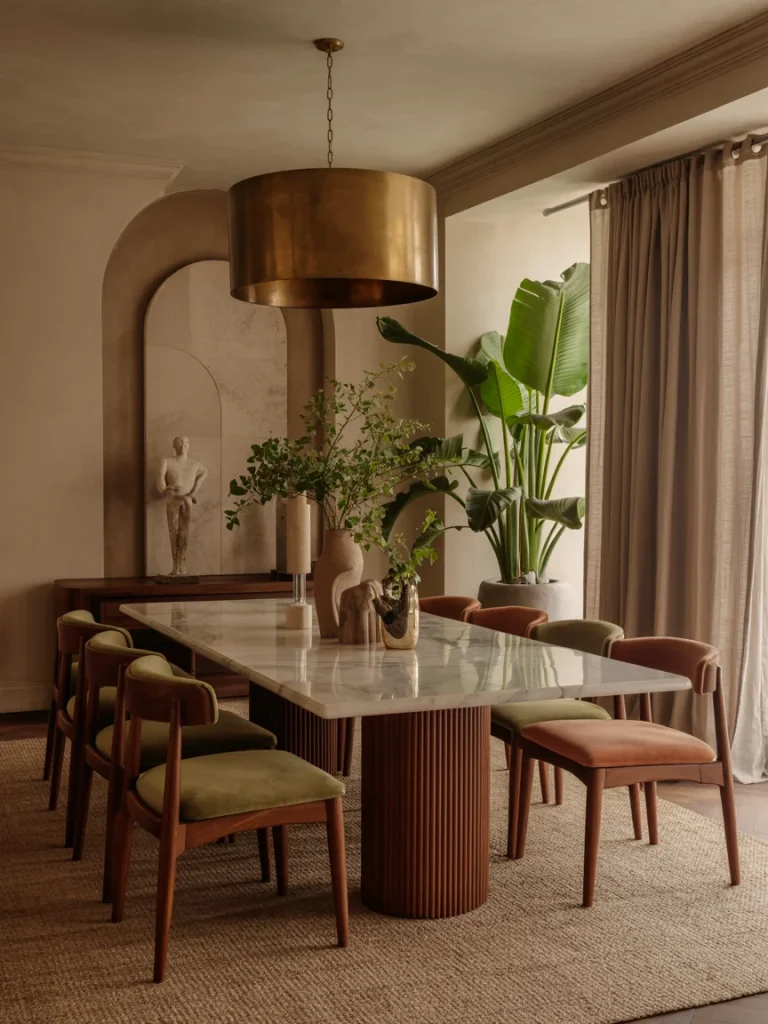 Luxury earthy dining room with marble table, velvet chairs, and large brass pendant light.