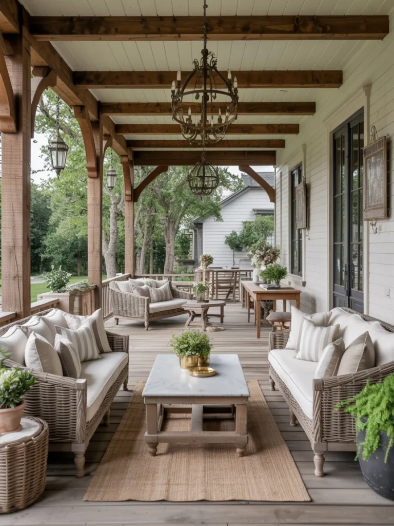 Luxury farmhouse front porch with wicker sofas, striped pillows, chandeliers, and rustic wood beams.