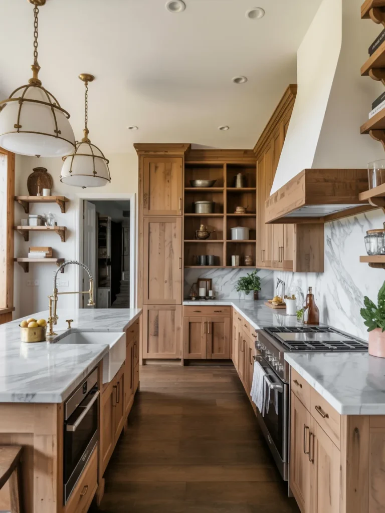 Luxury farmhouse kitchen with natural wood cabinets, marble countertops, gold accents, and elegant pendant lighting.