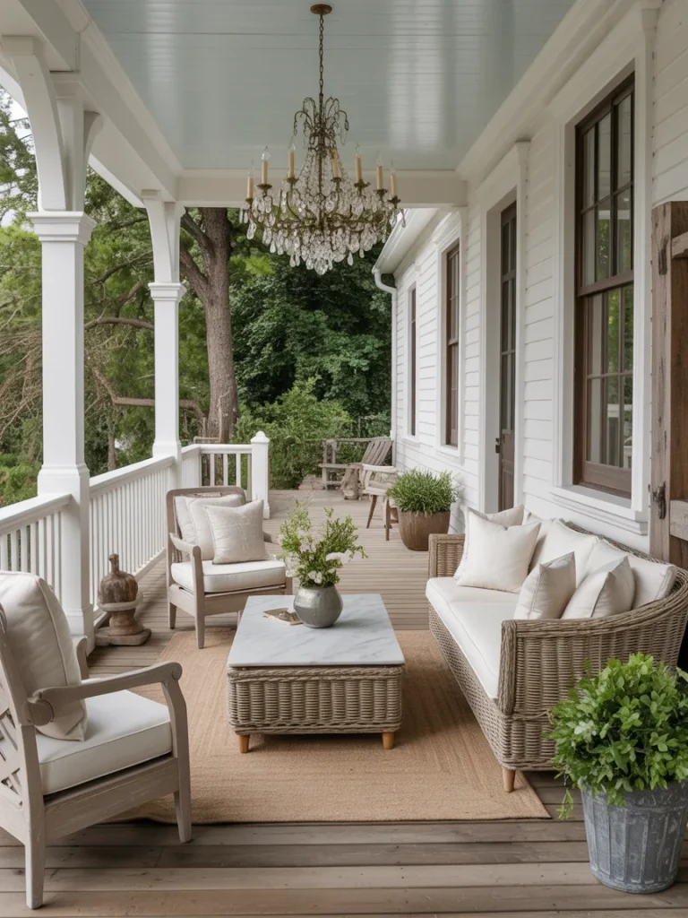 Elegant farmhouse porch with wicker seating, neutral cushions, a marble-top coffee table, chandelier, and lush greenery accents.