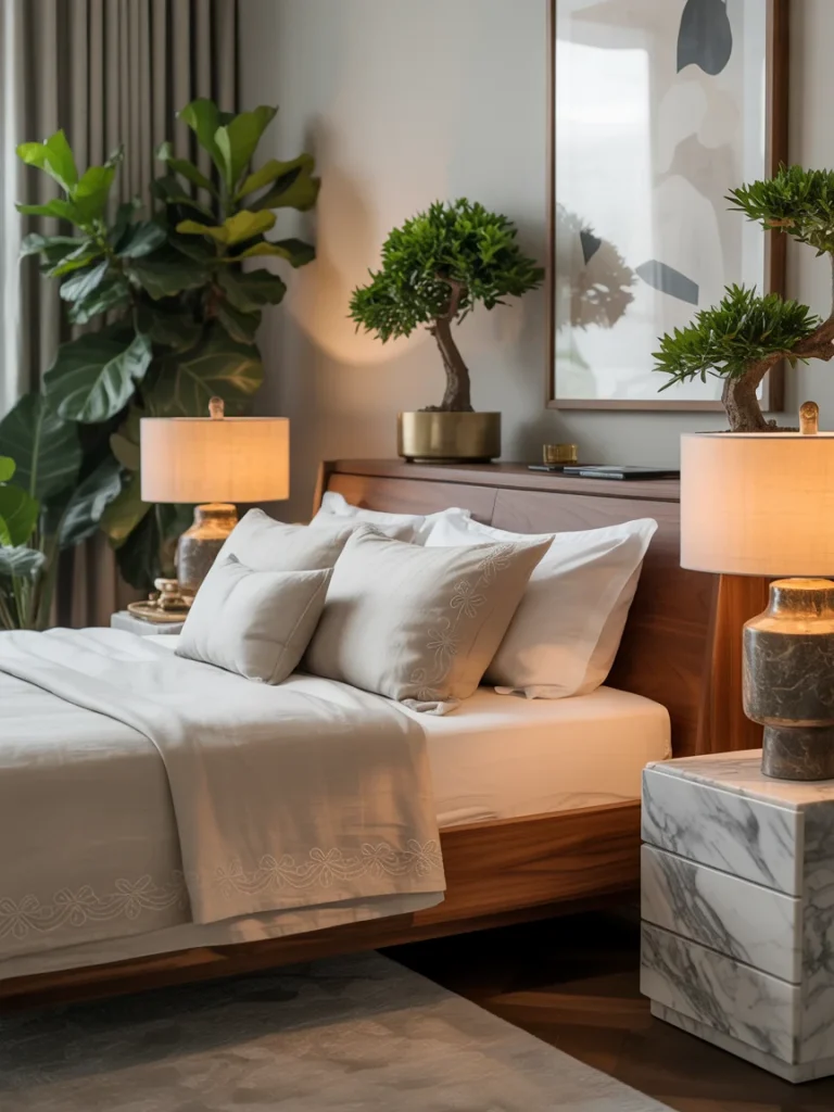 Luxury Japandi bedroom with bonsai plants, marble nightstands, and modern wooden bed.