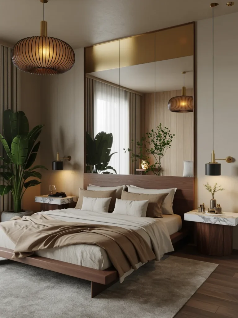 Luxury Japanese boho bedroom with warm wood tones, soft neutral bedding, gold accents, and natural greenery for a serene yet elegant ambiance.
