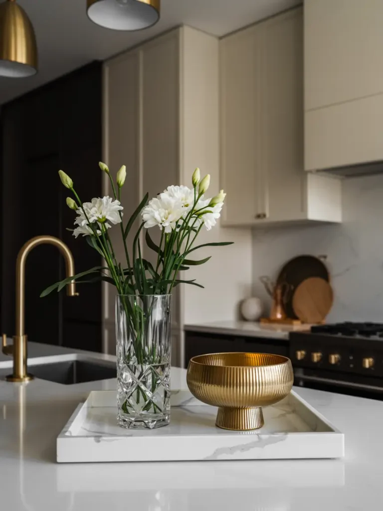 Luxury kitchen island with gold accents and fresh floral arrangement.