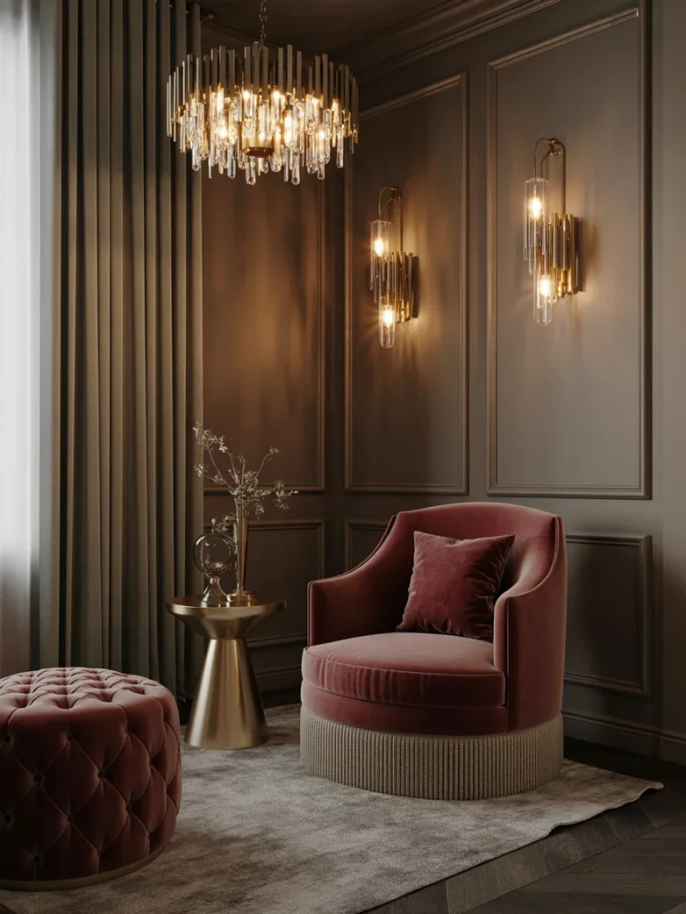 Luxury living room nook with velvet chair, tufted ottoman, and crystal chandelier.