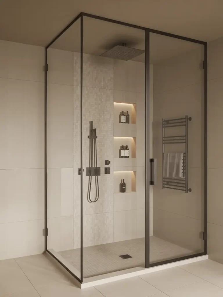 Luxury modern walk-in shower with frameless glass doors, rainfall showerhead, built-in recessed shelves with accent lighting, and neutral beige tile design.