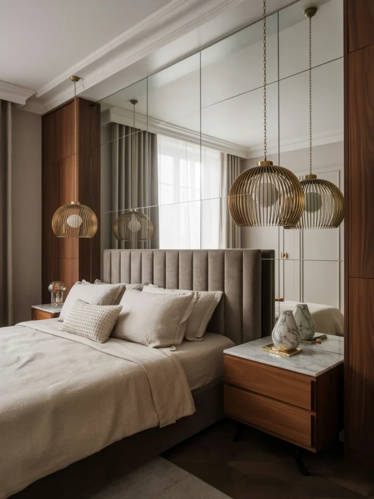 Luxury Scandinavian bedroom with tufted headboard, mirrored wall, modern pendant lights, and wooden furniture.