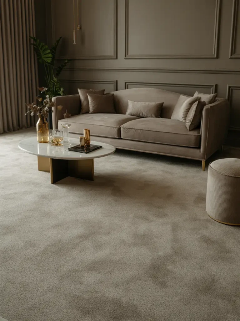 Luxury wool carpet in a modern living room with a taupe sofa, gold-accented coffee table, and neutral-toned décor.