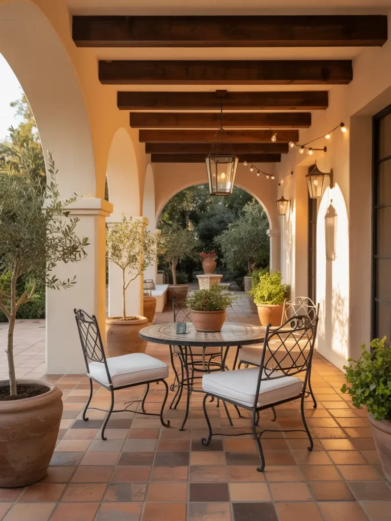Mediterranean covered patio with terracotta tiles, arched columns, and wrought-iron furniture.