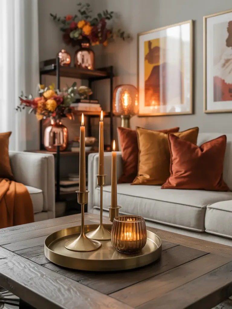 Metallic fall living room accents with golden candleholders, bronze vases, and warm autumn décor.