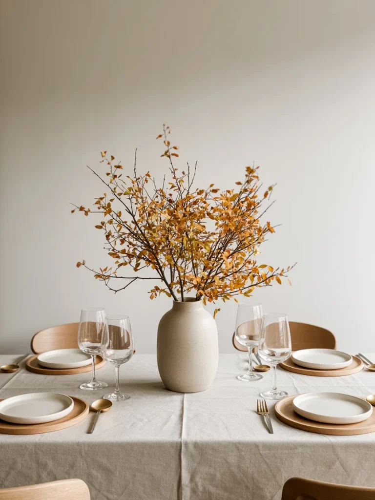 Minimalist fall dining table with neutral decor, ceramic vase, and autumn branches centerpiece.