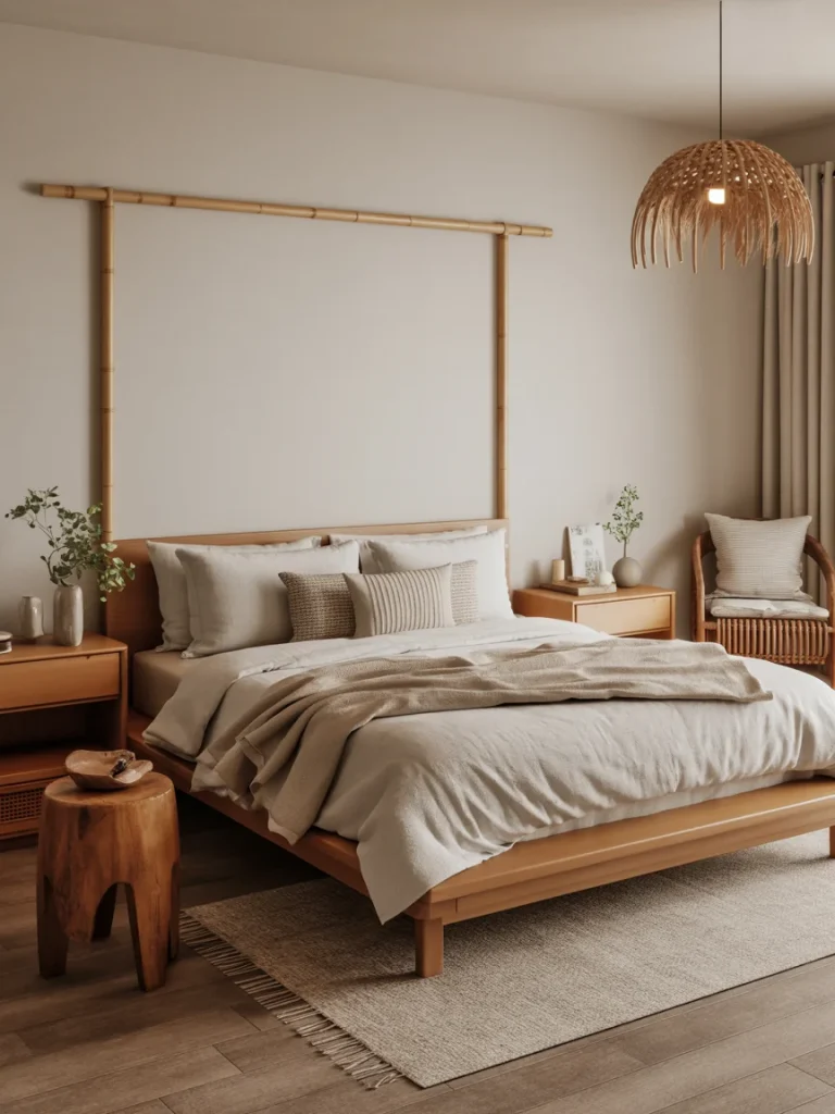 Minimalist boho bedroom with wooden furniture, neutral bedding, and natural textures for a serene and cozy look.