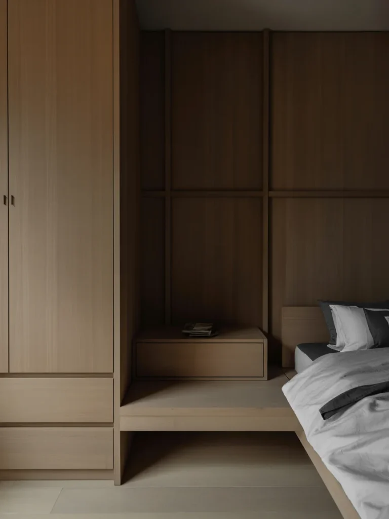 Minimalist Japandi bedroom with built-in wooden furniture, platform bed, and clean lines.
