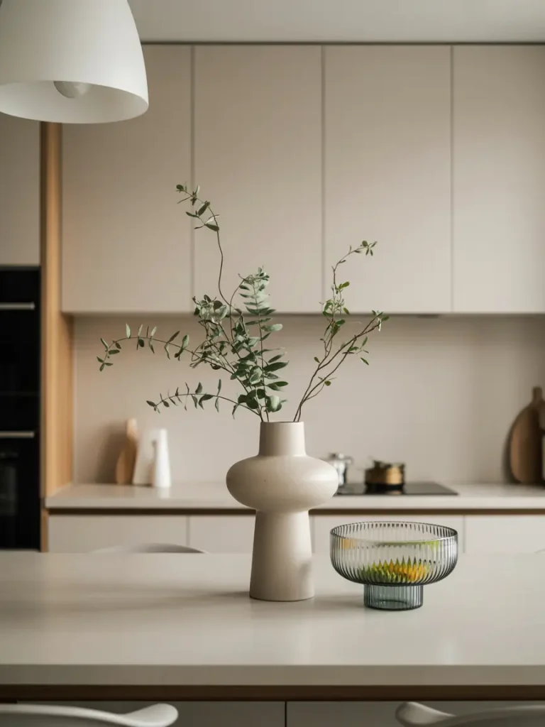 Minimalist kitchen island with modern vase and glass bowl decor.