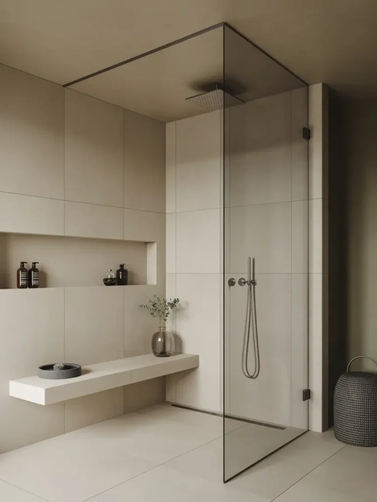 Minimalist modern shower design with frameless glass enclosure, beige tiled walls, built-in floating bench, and rainfall showerhead.