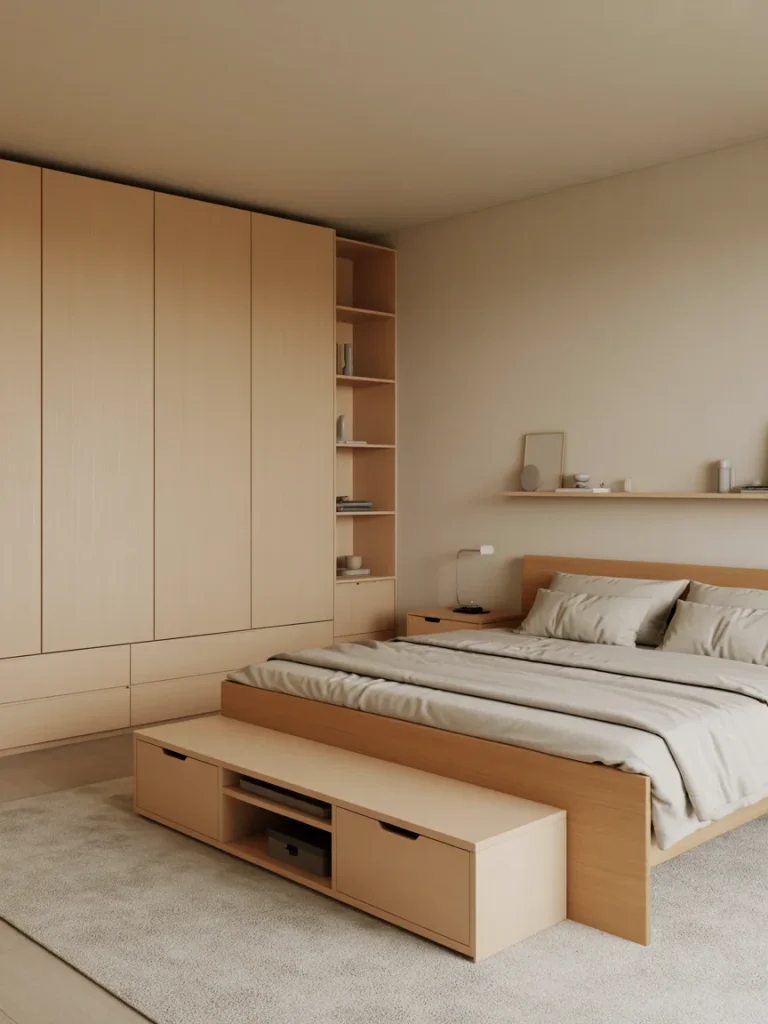 Minimalist Scandinavian bedroom with light wood furniture, clean lines, and built-in storage.