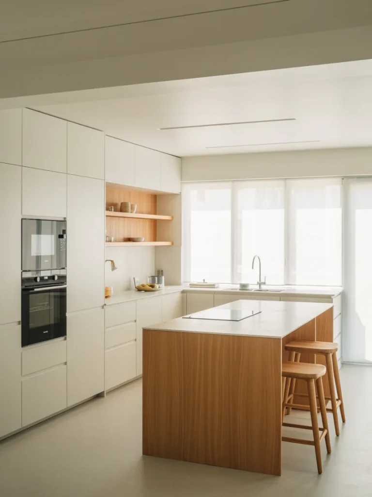 Minimalist white kitchen with wood island and open shelving.