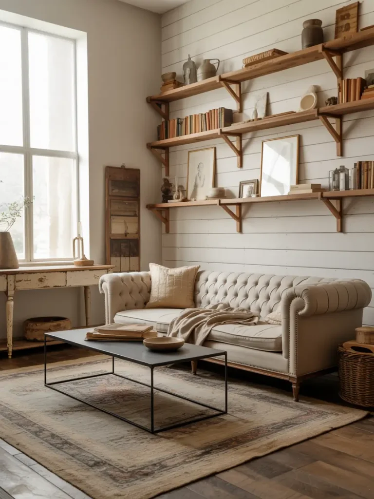 Farmhouse living room with tufted sofa, modern coffee table, and rustic wall shelves.