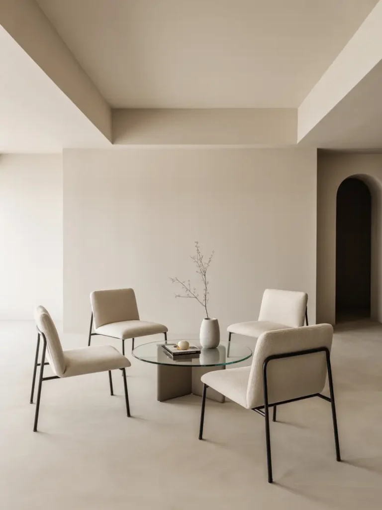 Modern minimalist 4-chair sitting area with beige upholstered chairs around a glass coffee table in a neutral living space.