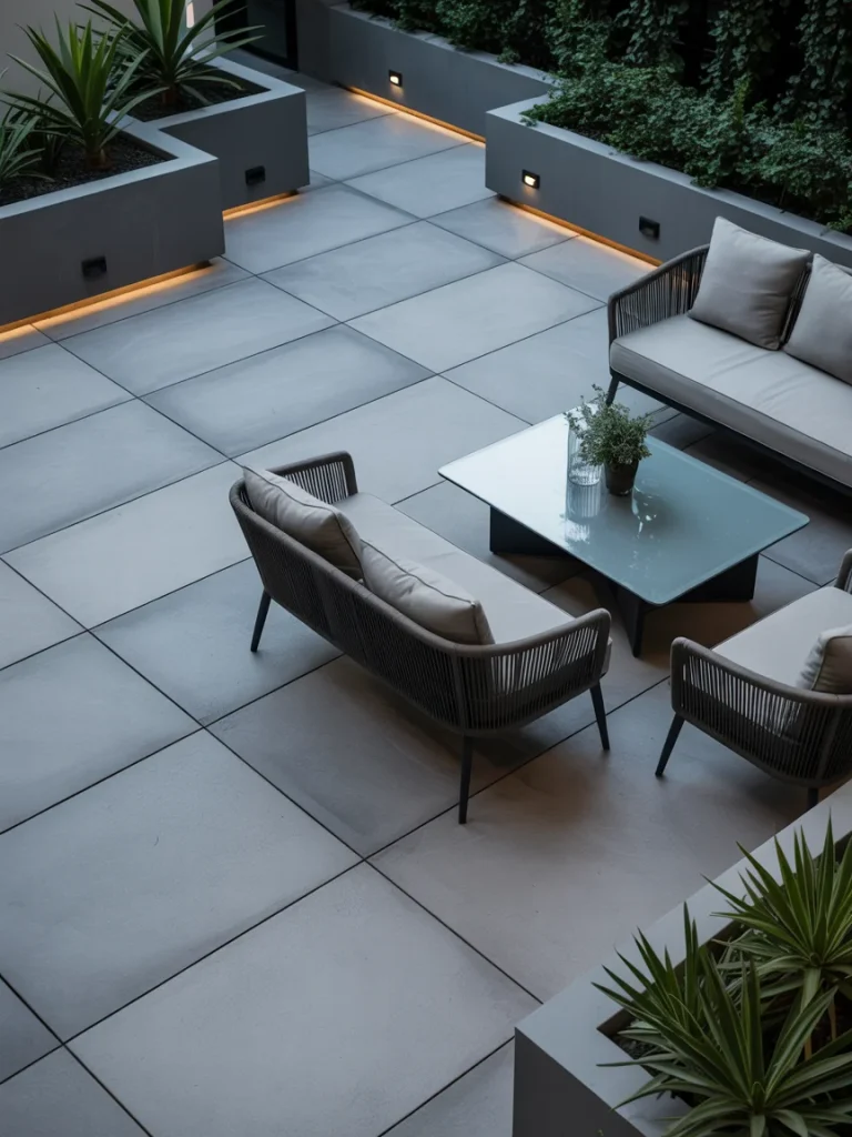 Modern concrete patio with sleek outdoor seating and built-in planters.