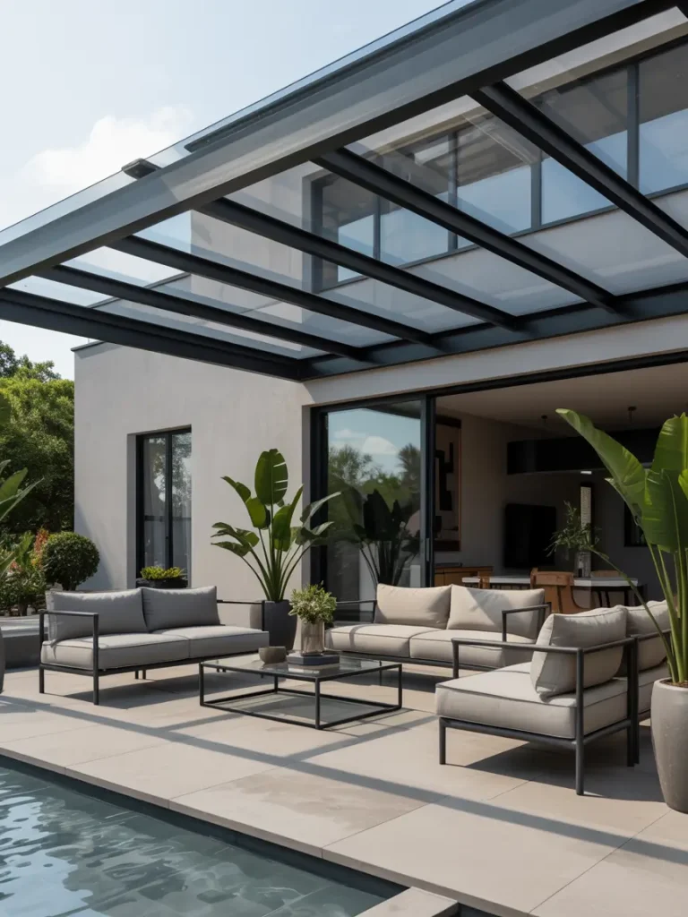 Modern covered patio with sleek glass roof, minimalist outdoor furniture, and poolside seating.