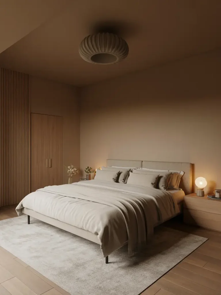 Modern earthy bedroom with neutral tones, minimal decor, and warm wooden accents.