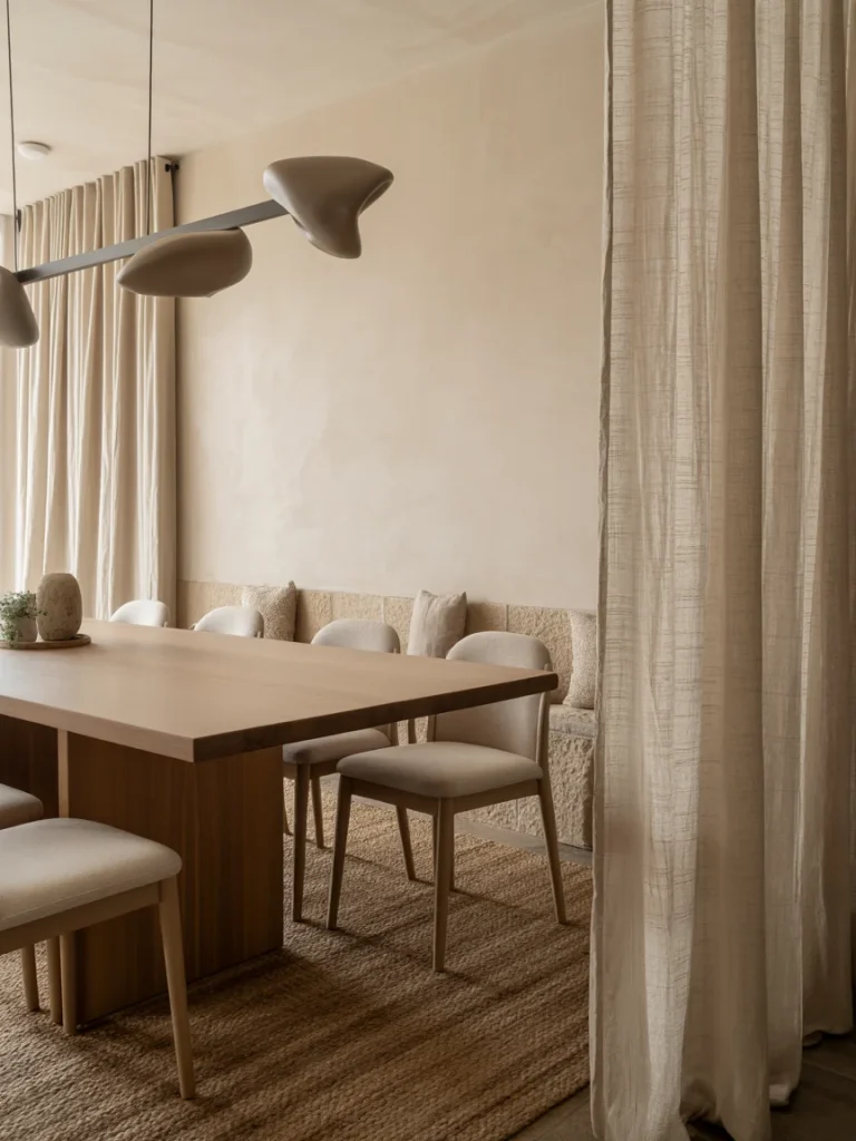 Modern earthy dining room with minimalist wooden table, neutral chairs, and textured rug.