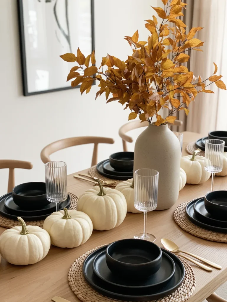 Modern fall dining room table with black dinnerware, white pumpkins, and a neutral vase centerpiece.