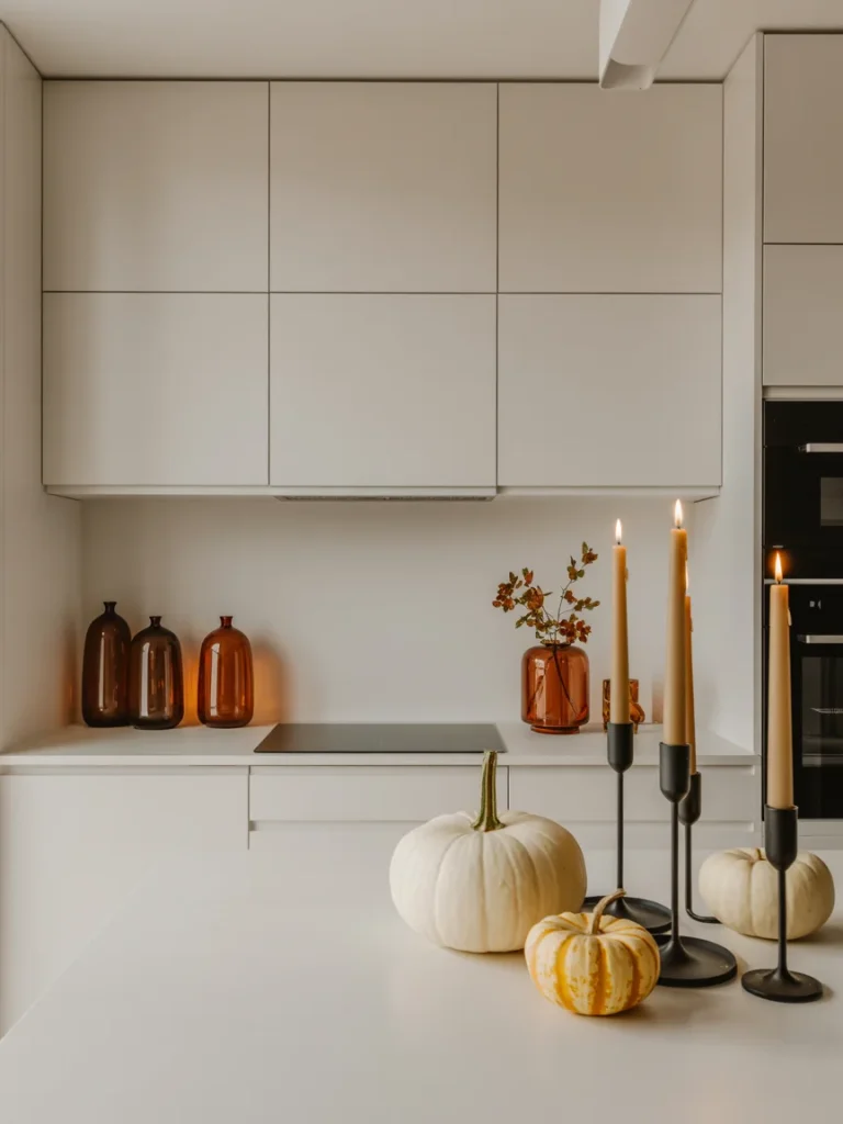 Minimalist modern kitchen decorated with white pumpkins, amber glass vases, and fall candles.